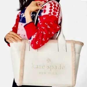 🤍 NWT KATE SPADE CREAM PATENTED LEATHER NEW YORK JETT FAUX SHEARING TOTE!